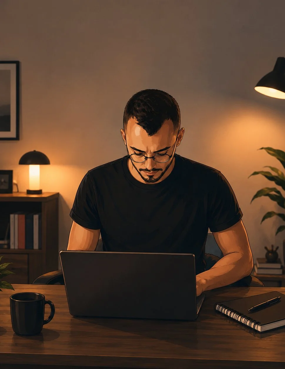 Gaël, webdesigner, au travail sur son bureau
